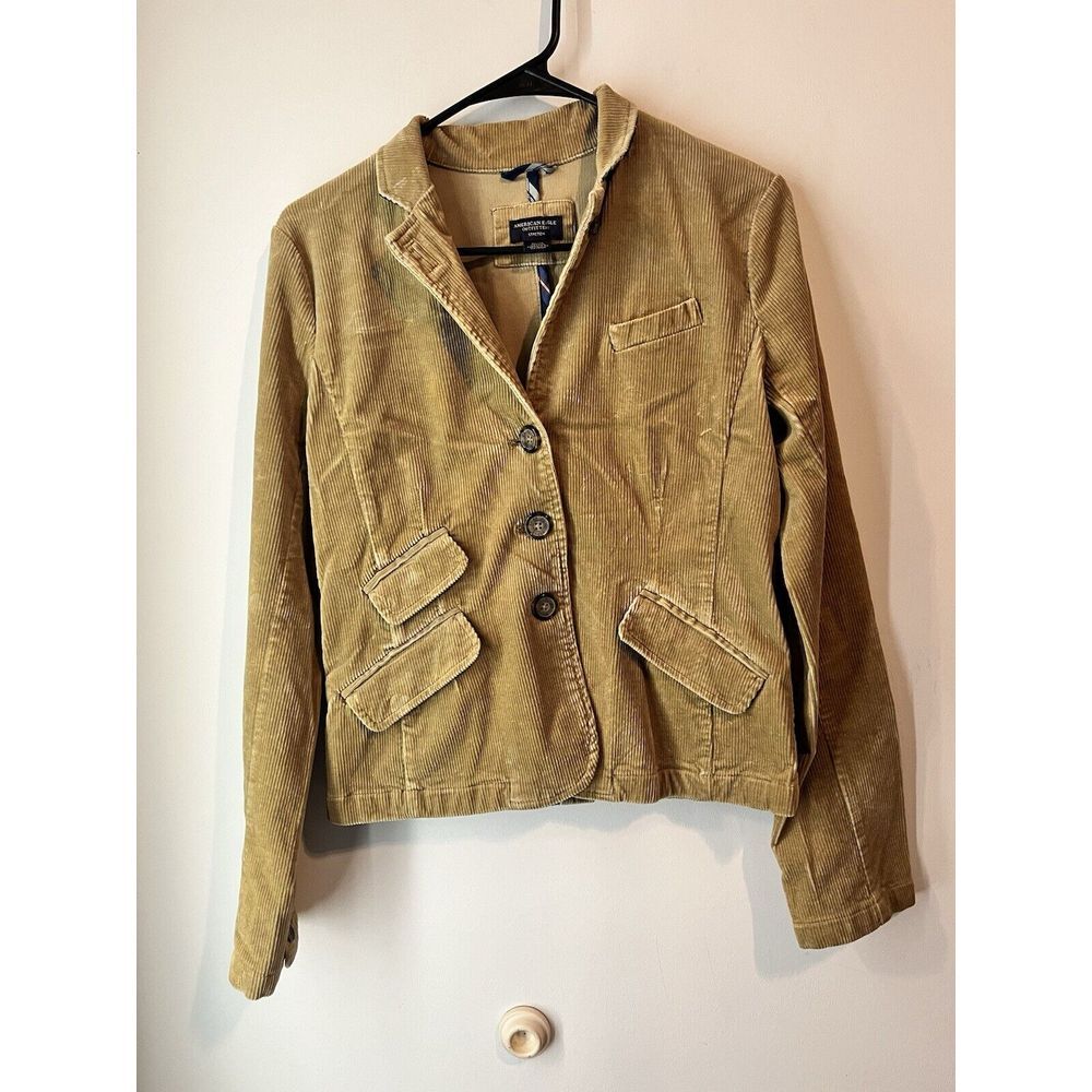 Vintage Y2K American Eagle Corduroy Jacket med Beige Button‎ Up Pockets Stretch